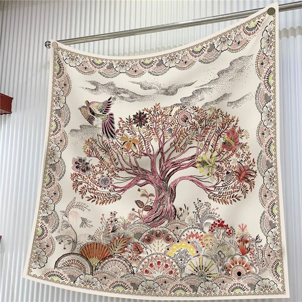 90CM Vintage Square Twill Scarf Shawl Hijabs Luxury Plant Printed Bandana Foulard Neckerchief For Women