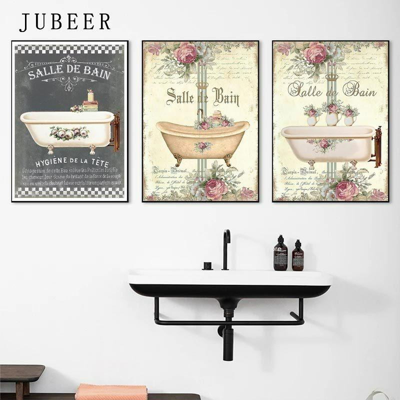 Vintage French Style Posters Bathroom Bathtub Canvas Painting Decoration Watercolor Floral Room Decor Wall Art Painting Pictures
