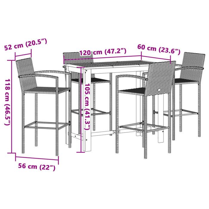 VidaXL Ensemble de bar de jardin 5 pcs marron bois massif acacia rotin, table et chaises de bar d'extérieur, ensemble de 3295288