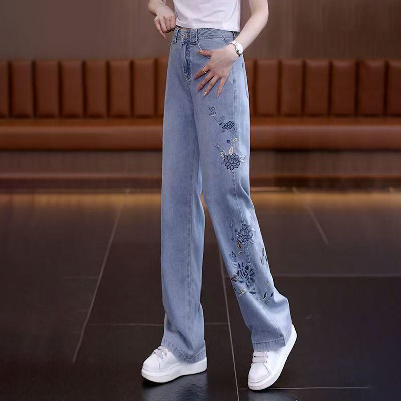 

Chinese Style National Style Embroidered Narrow Trousers Jeans Women s Spring and Autumn High Waist Slim Straight Pants 2XL світло-синій колір