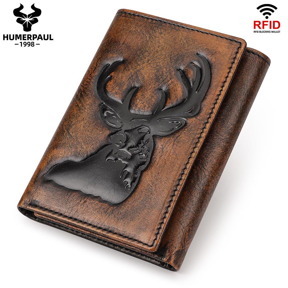

HUMERPAUL Men leather wallet personalized animal pattern short wallet RFID anti-theft swipe coin purse with photo window коричневий