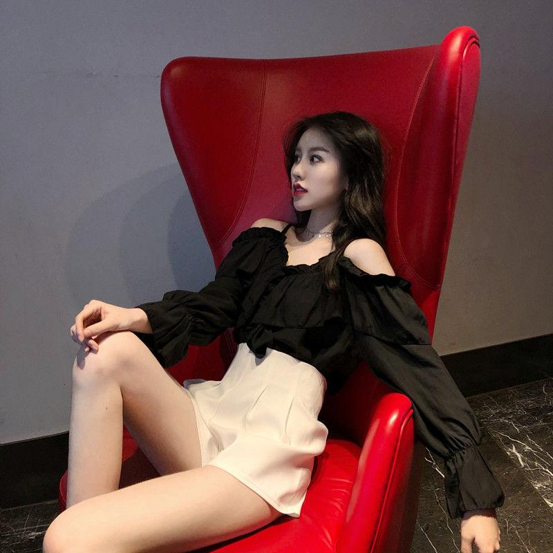 Off Shoulder Blouses Women Ruffles Sexy Party Design Stylish Solid Feminine Leisure All-match Spring Soft Popular Ins