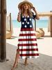 American Flag Flower Pattern Slim Long Dress V-neck Short Sleeve Side Split Hanging Loose Medium and Long Dress
