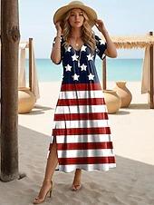 American Flag Flower Pattern Slim Long Dress V-neck Short Sleeve Side Split Hanging Loose Medium and Long Dress