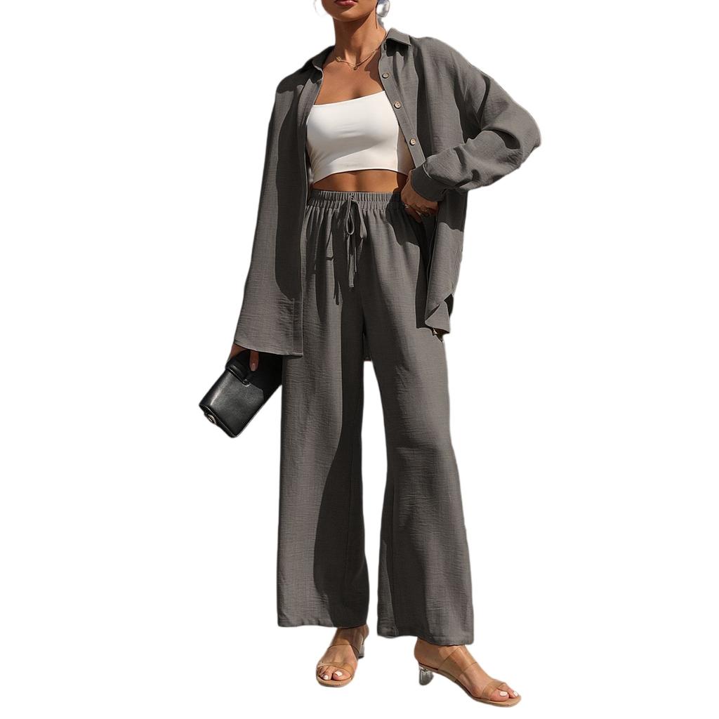 Women's Fashion Solid Color Collar Button Long Sleeve Top Elastic Waist Straight Pants Casual Set