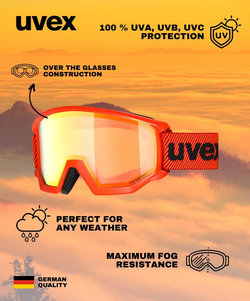 Uvex athletic FM Fear Red Matte Ski and Snowboard Mirrored Glasses Compatible Goggles, Unisex, Lens, Anti-Fog,