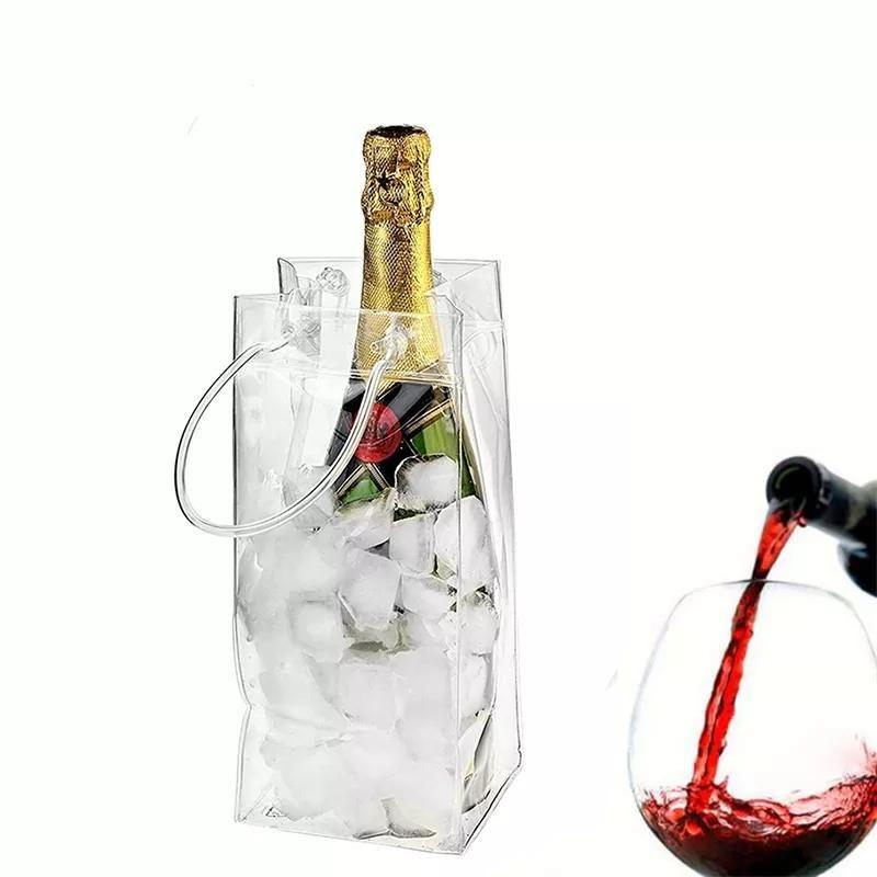 1Pc PVC Leakproof Ice Bag Eco Friendly Transparent Ice Pack Portable Ice Bucket Wine Champagne Bottle Chiller with Carry Handle