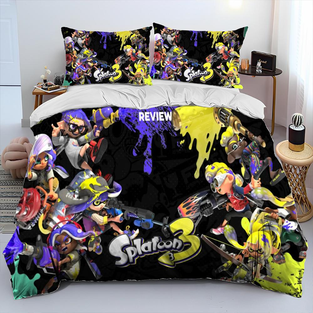 S-Splatoon Game Gamer Cartoon Comforter Bedding Set,Duvet Cover Bed Set Quilt Cover Pillowcase,King Queen Size Bedding Set Kids