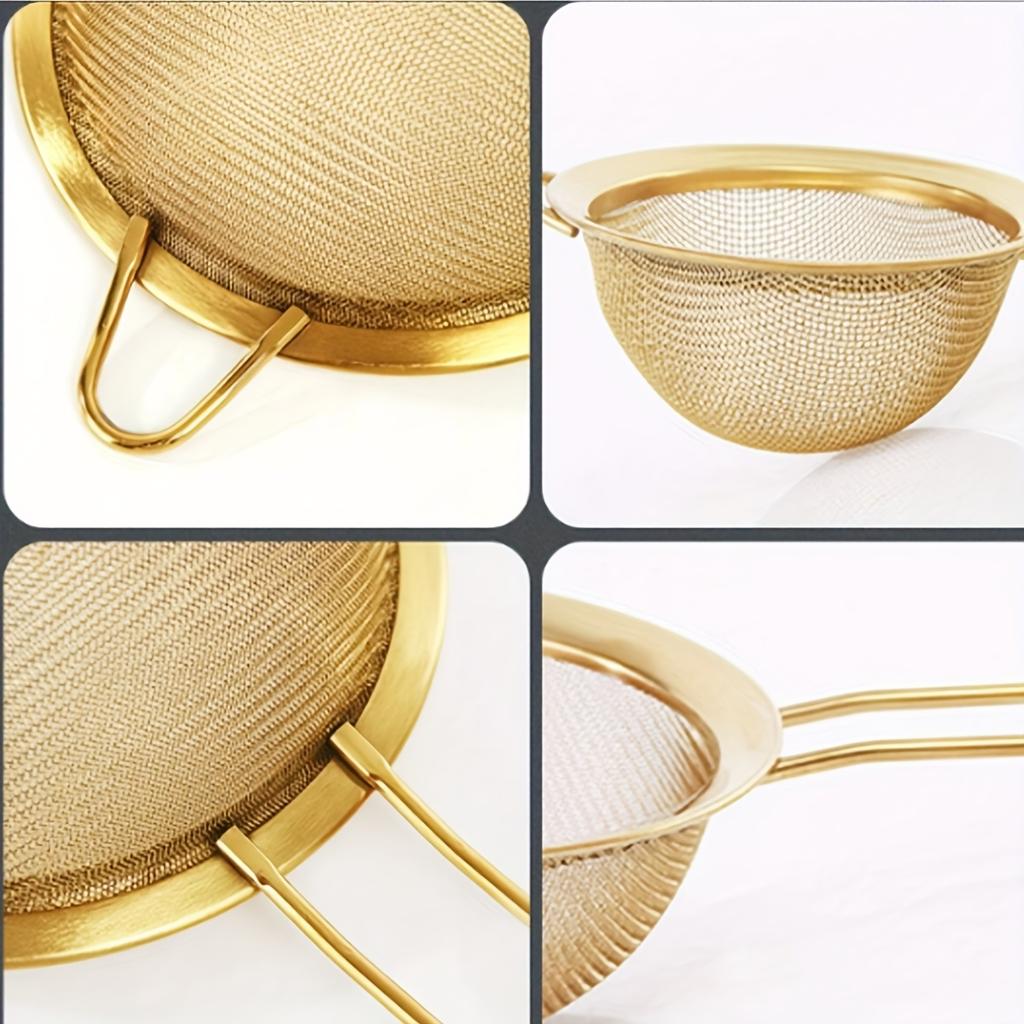 3pcs Gold-colored Fine Mesh Flour Sieve Kitchen Skimmer Baking Tool Kitchen Accessories Kitchen Tools, Restaurant Tools