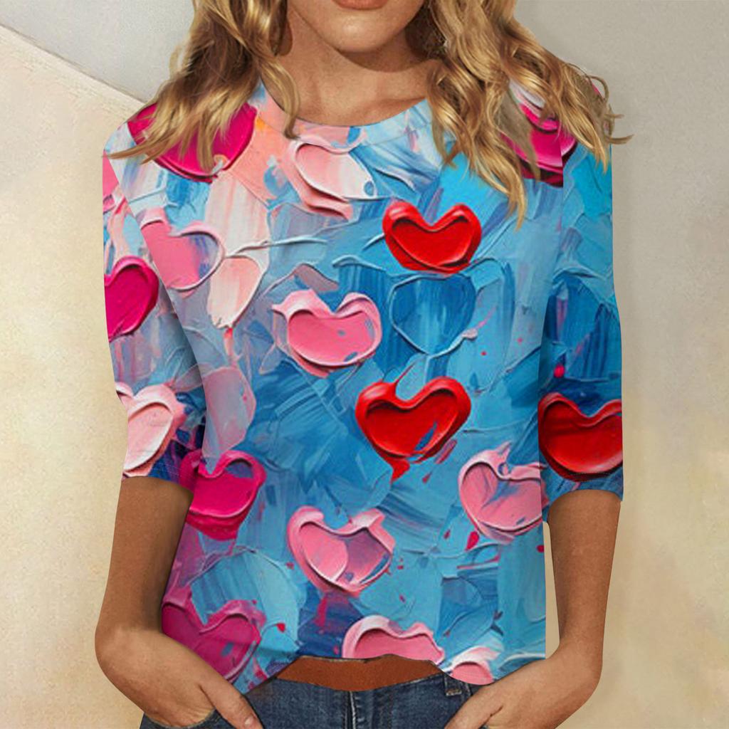 Women's Tops Three-quarter Sleeve Valentine's Day Shirt Round Neck Loose Casual Shirt