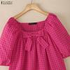 ZANZEA Women Square Collar Casual Short Sleeve Grid Print Blouse
