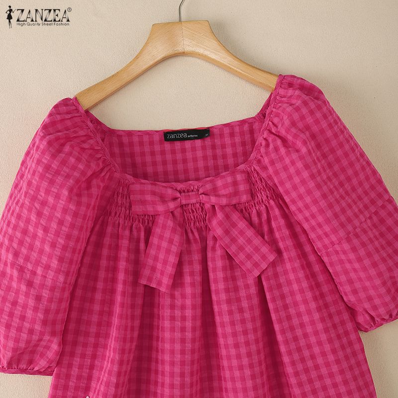 ZANZEA Women Square Collar Casual Short Sleeve Grid Print Blouse