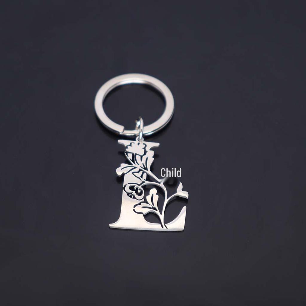 Stainless Steel Alphabet Flower Cutout Keychain Pendant