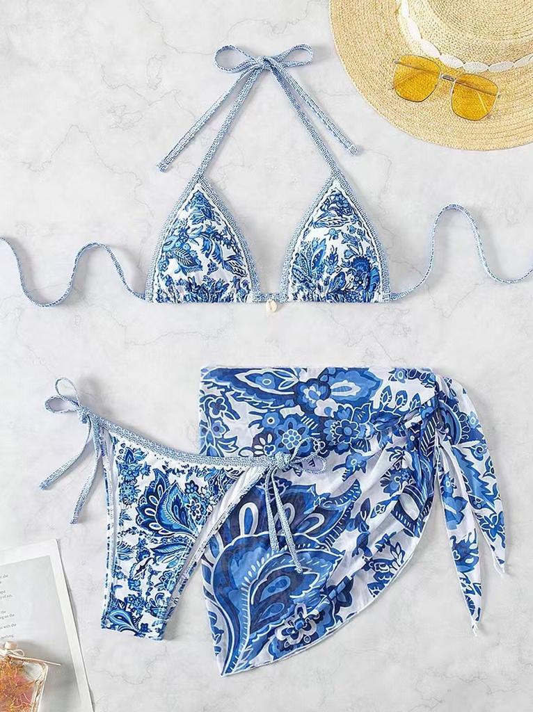 Three Piece Bikini Set with Traditional Floral Print Includes Triangle Top Tie Side Bottom and Matching Sarong Cover Up Swimwear Set for Women