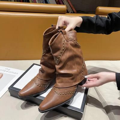 Retro Western Cowboy Stiefel für Damen Frühling Herbst Neu Mittlere Wade Hohe Absätze Hosenstiefel Damen Spitzzehe Dick Absatz Knöchel Stiefelette