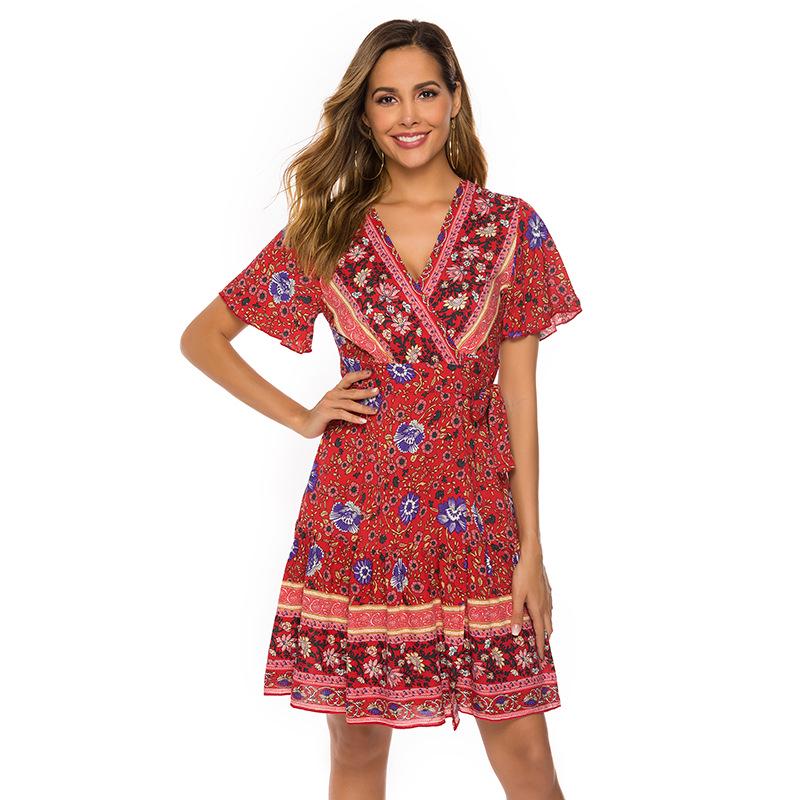 Women's Dresses Summer New Women's Bohemian Beach Resort Style Short Sleeve Deep V Large Fold Printed Dress