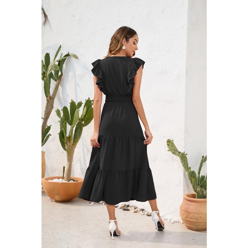 V-Ausschnitt Hohe Taille Langes Kleid Lässig Urlaubsreise