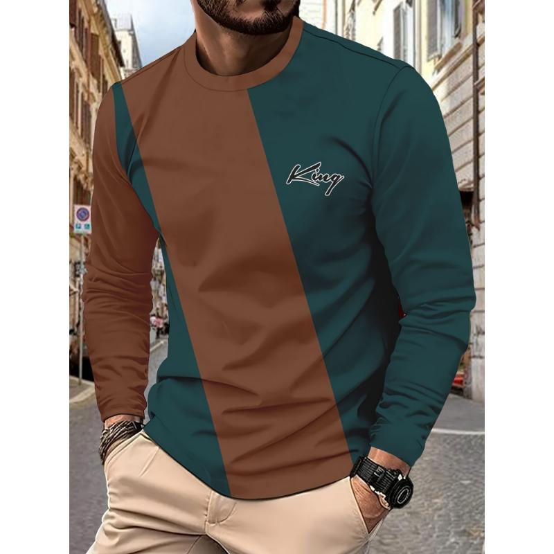 Autumn New Men's Casual Color Block Striped Round Neck Long Sleeve T-shirt Fashionable Pullover for Men Daily Wear Plus Size Top