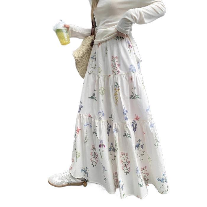 High waist drooping floral skirt women's spring and summer new sweet long a-shaped skirt small long skirt