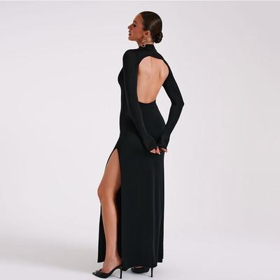 Spring Women's Long Sleeve High Neck Sexy Backless Split Long Dress Fashion Dress