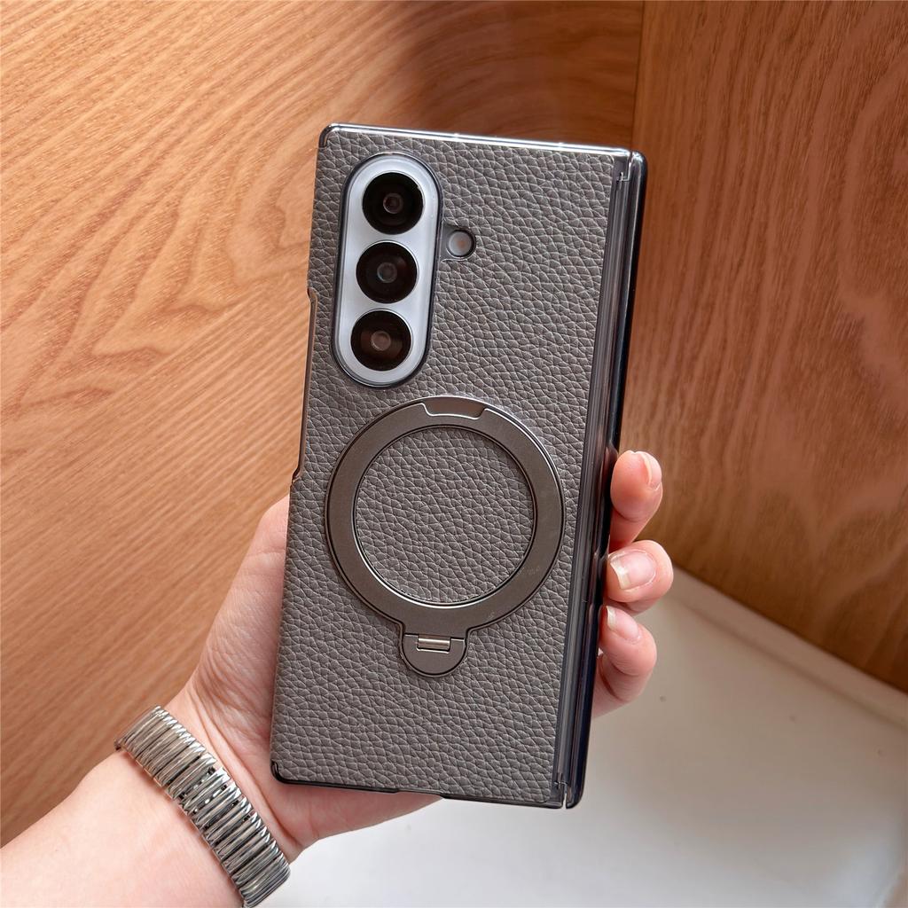360 Rotating Kickstand Magnetic Lychee Grain Leather Phone Case for Samsung Z Fold 7 6 5 4 Comfortable Grip Shockproof Cover