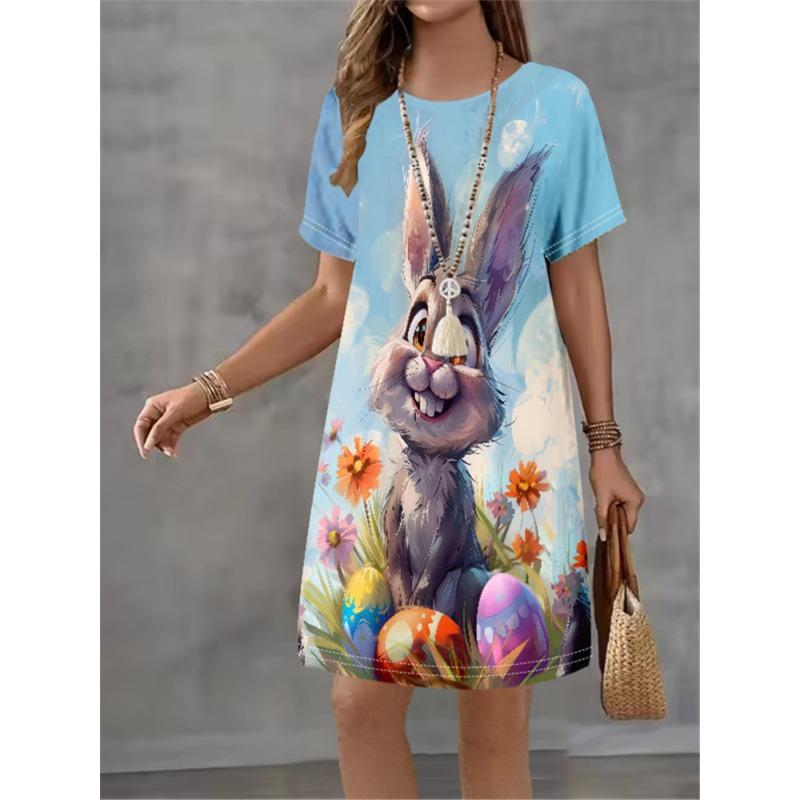 Women Dress Cute Rabbit Pattern Print Design Sense Pattern 2025 Summer Elegant Women A-Line Dress Casual Short Sleeve Mini Dress