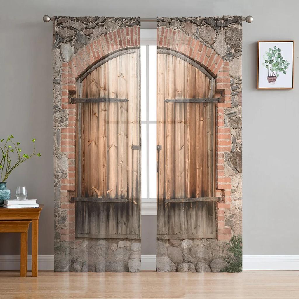 Farm Barn Wooden Door Tulle Curtains for Living Room Print Sheer Voile Curtain Bedroom Window Screening Drapes Blinds Home Decor