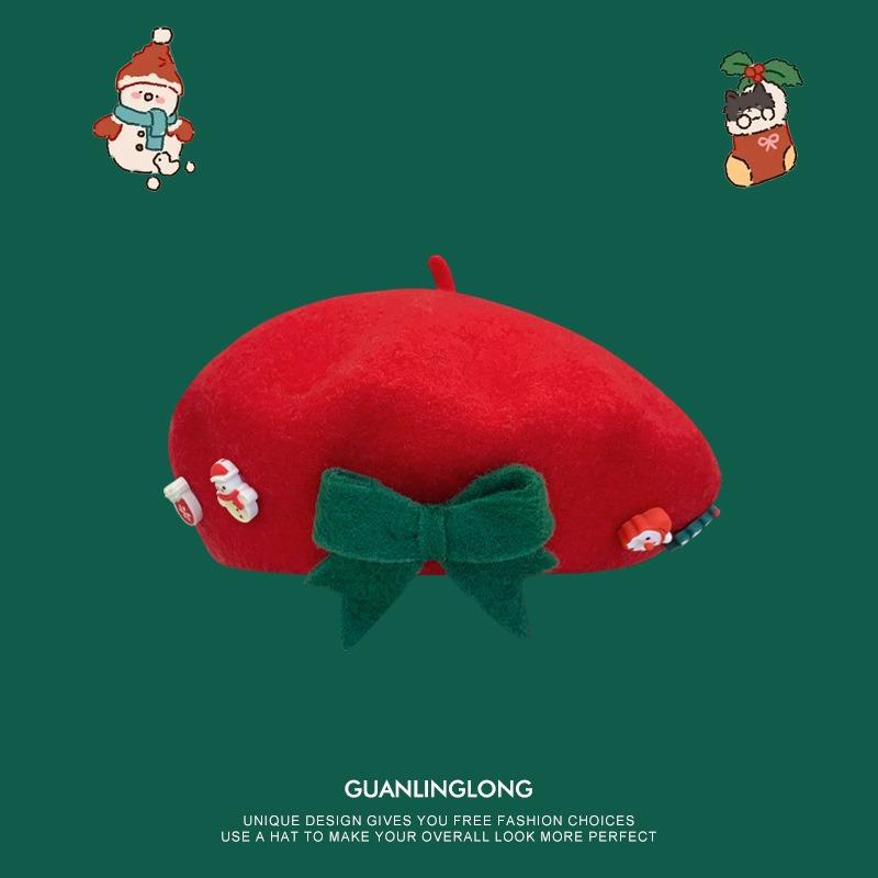 Bow christmas beret girl parent-child children's hat woolen thermal hat christmas gift painter hat