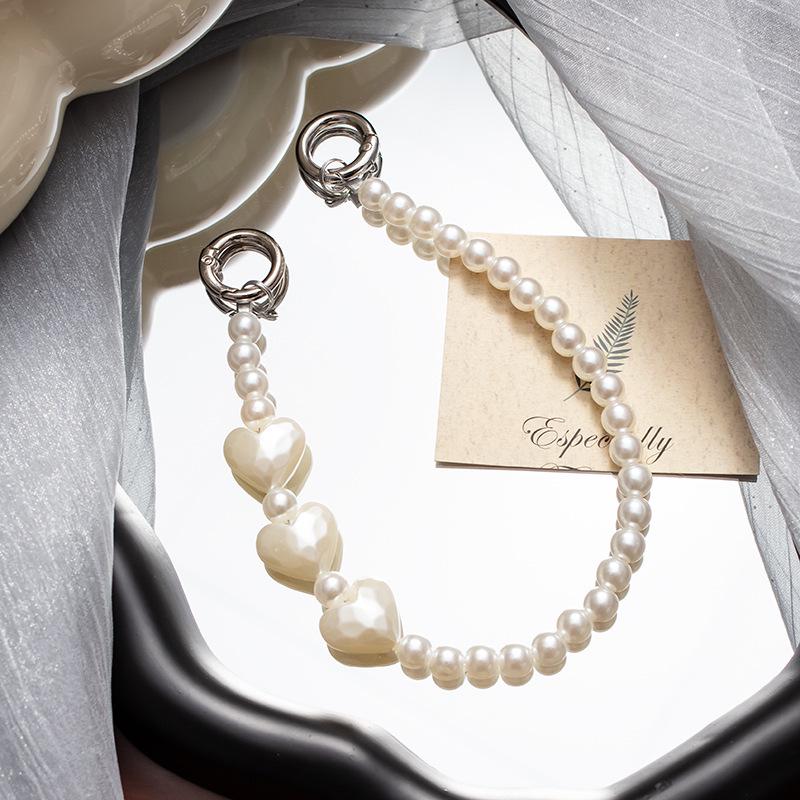 Weißes Herz Perlen Glitzer Handy Handgelenkband Lanyard