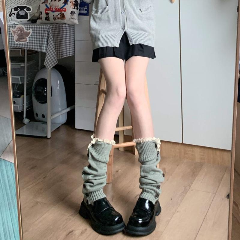 Christmas Red Knitted Leg Warmers Sweet Hot Girl Button Lace JK Leg Sleeves Y2K Slouch Socks