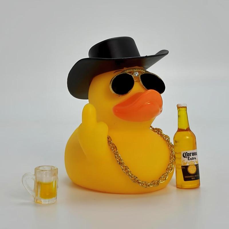 Funny Middle Finger Duck Car Dashboard Decoration Cool Rubber Duck with Small Wine Bottle Beer Home Car Ornaments Creative Gift Cowboy M-Finger