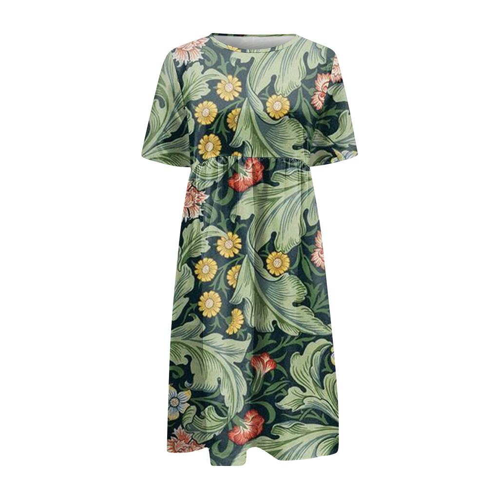 Damskie Casual Sukienki Sukienki z nadrukiem Letnie sukienki Z nadrukiem Plisowany Okrągły dekolt Midi Sukienki Podstawowy Klasyczny Na wolnym powietrzu Codzienny Krótki rękaw Luźne sukienki