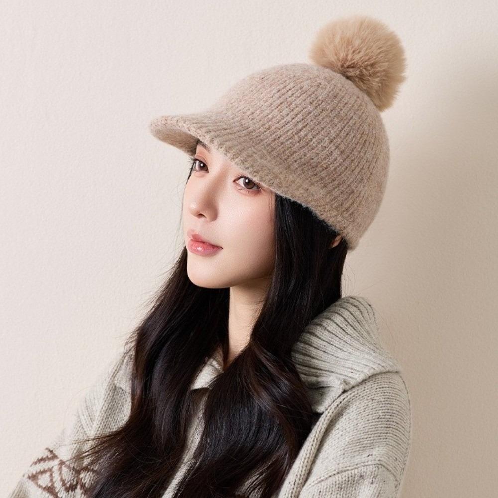 Solid Color Warm Wool Cap Thermal Ear Protection Hat Cute Pompom Plush Beanie Winter