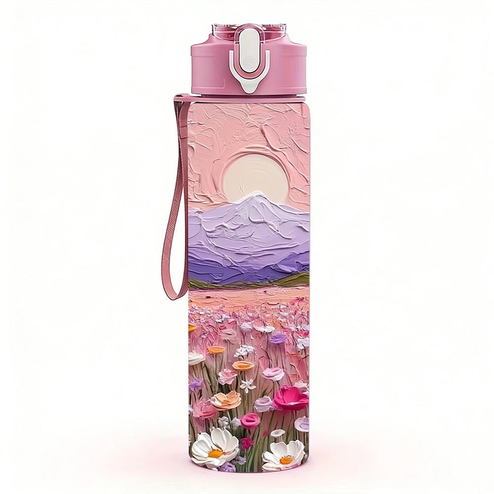 1PC Pink Purple Tulip Flower Field Sunset Scenery 750ml Color Plastic Sports Water Bottle Leakproof Flip Straw Lid Suitable for Sports Office Home Use
