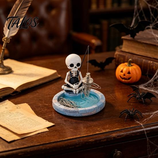 Funny Office Desk Decor Fishing Skeleton Magnetic Paperclip Holder, Skull Supplies Organizer Small Stationeries with Storage Tray, Resin Desktop
