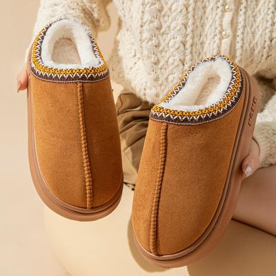 Faux Suede Upper Plush Lining Home Closed Toe Slingback Slides Unisex Solid Color Platform Durable Slippers Flat Casual Slippers
