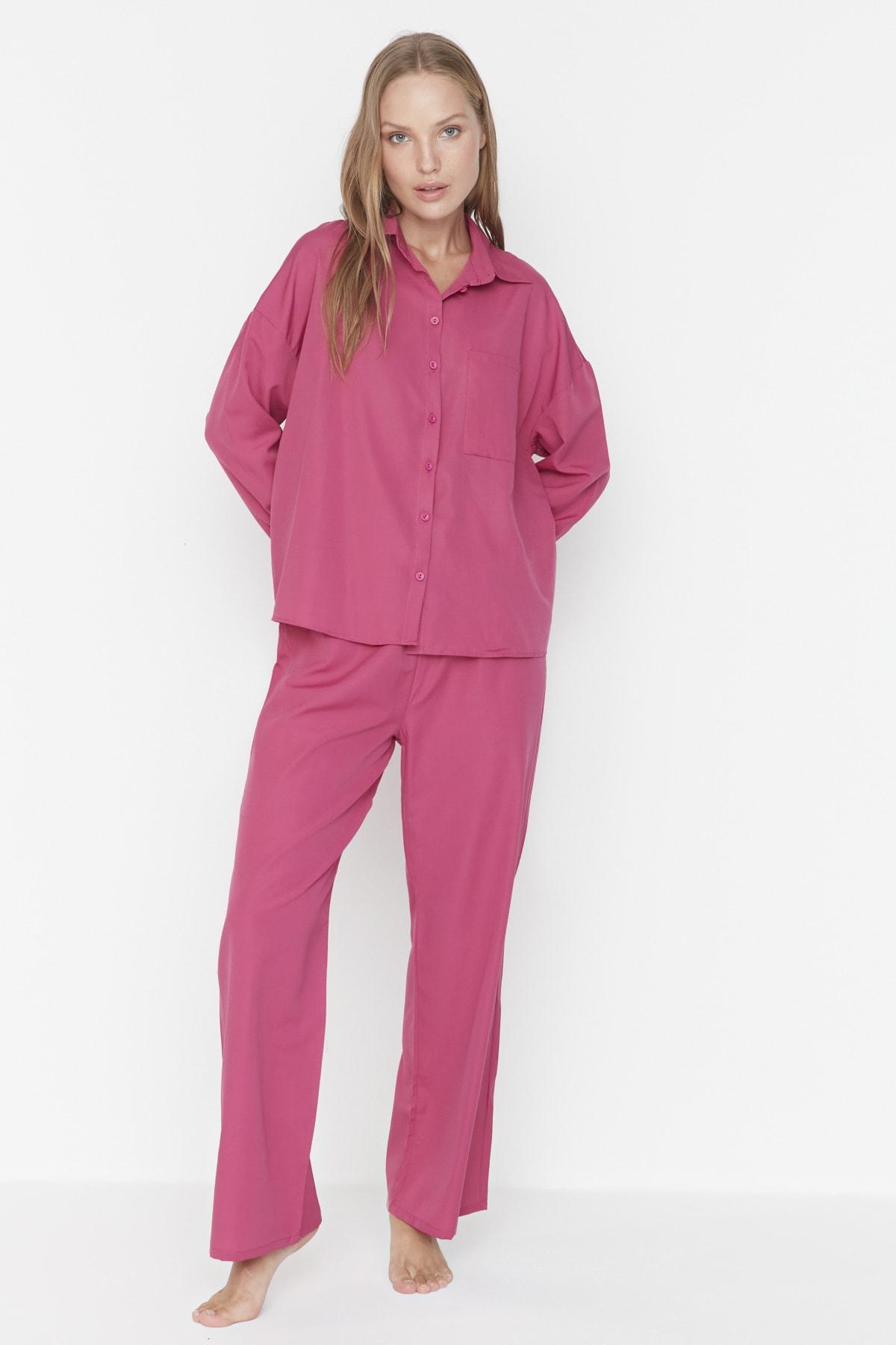 

Weave Fuchsia Shirt Collar Pocket Detailed Pajamas Set THMAW23PT00423..