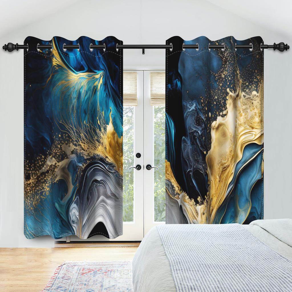 Marble Print Curtains Gold Silver Blue Purple Fluid Art Window Curtains Living Room Bedroom Modern Home Decor Blackout Curtain