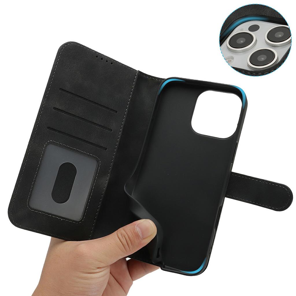 For iPhone 16 Pro Wallet Case Double Folded Edge Skin Touch PU Leather Flip Phone Cover