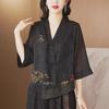 2024 Spring Women's Embroidered Buttoned Top - Irregular Design, Three-Quarter Sleeves