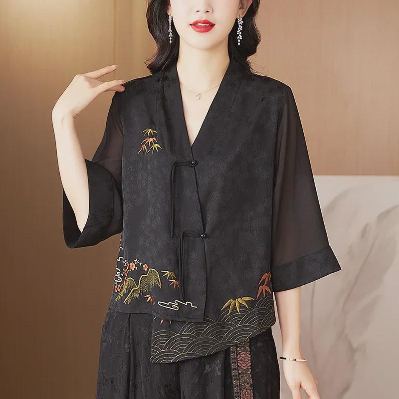 2024 Spring Women's Embroidered Buttoned Top - Irregular Design, Three-Quarter Sleeves