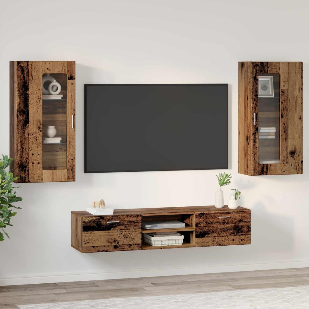 FLORIN 3 Piece TV Cabinet Set with Drawers Reclaimed Wood Effect Particleboard