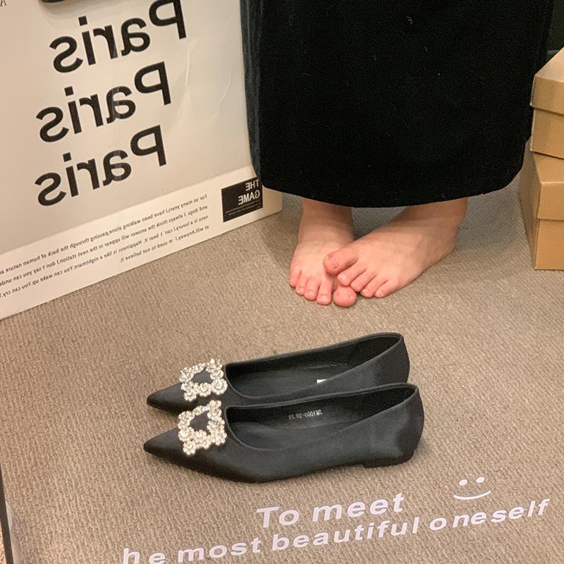 French temperament satin single shoes women's spring pointed rhinestone square buckle with skirt flat bottom ladyshoes