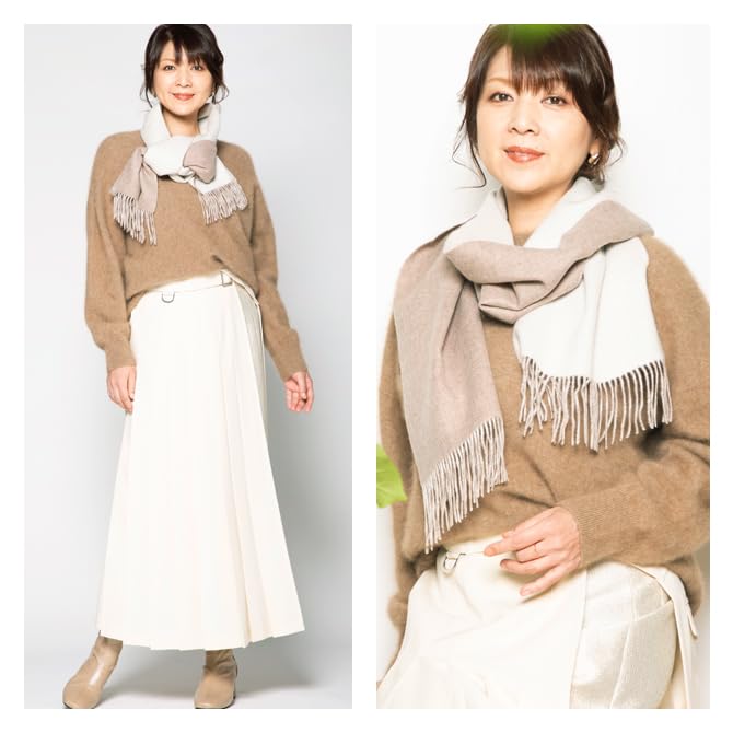 NORV30 Collaboration with Naoko Supreme Quality Cashmere Reversible Cashmere Fine Unisex Beige x White [Cashmee] Iijima. .N 100% Scarf, Yarn, Elegant,