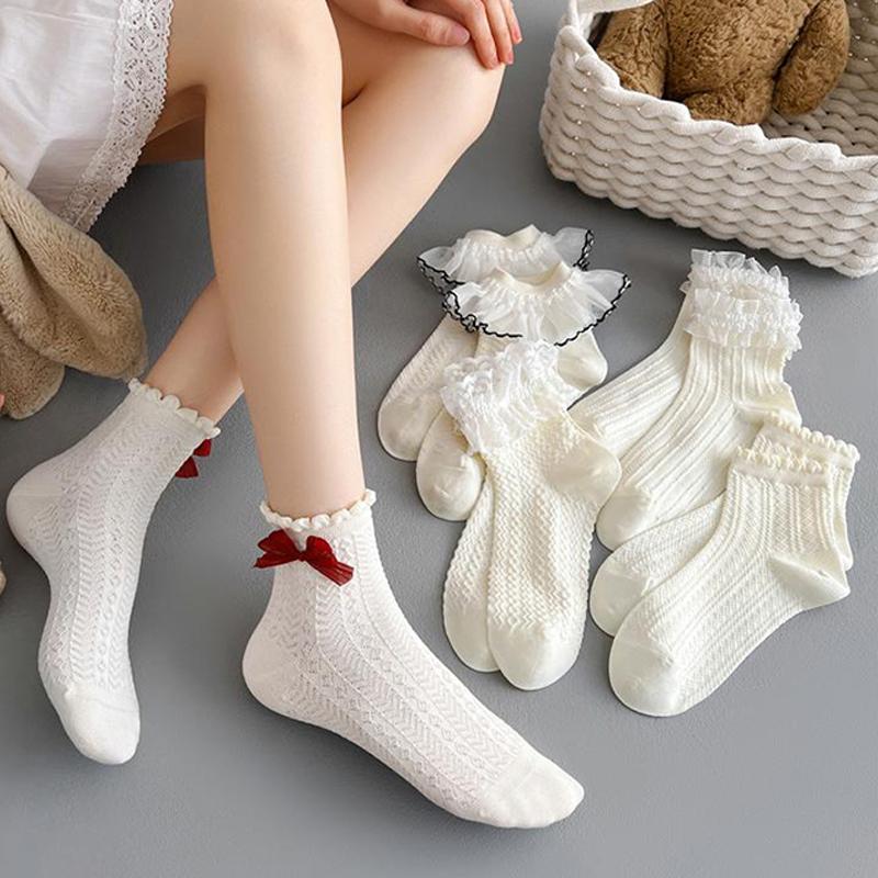 Milky White Bow Lace Socks Women Cute Lolita Japanese Jk Lace Socks Lolita Sweat-Absorbent Mid-Tube Socks