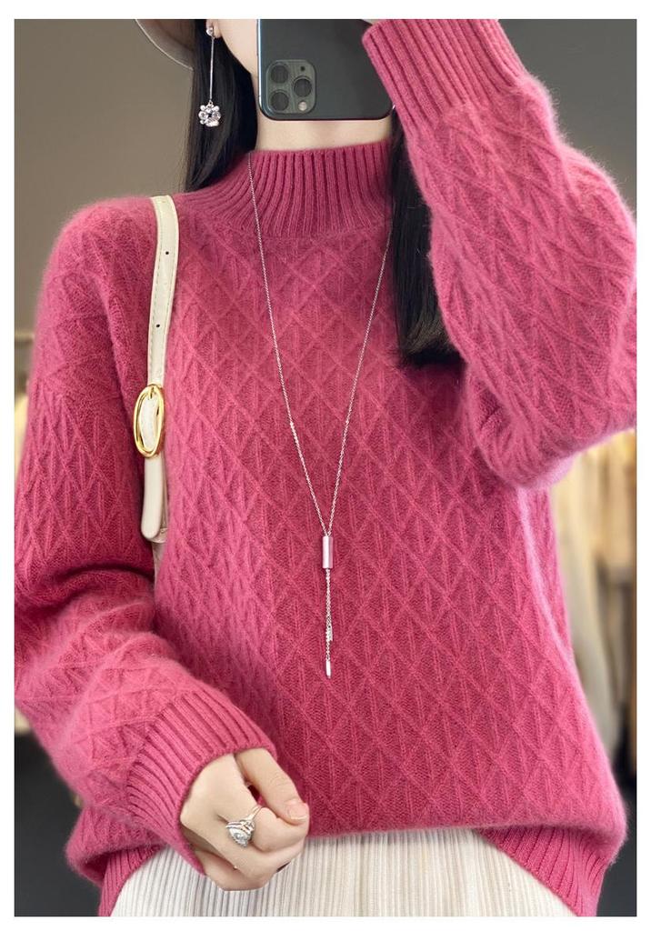 2023 Loose Fit High Neck Wool-Blend Sweater with Diamond Pattern for Autumn & Winter