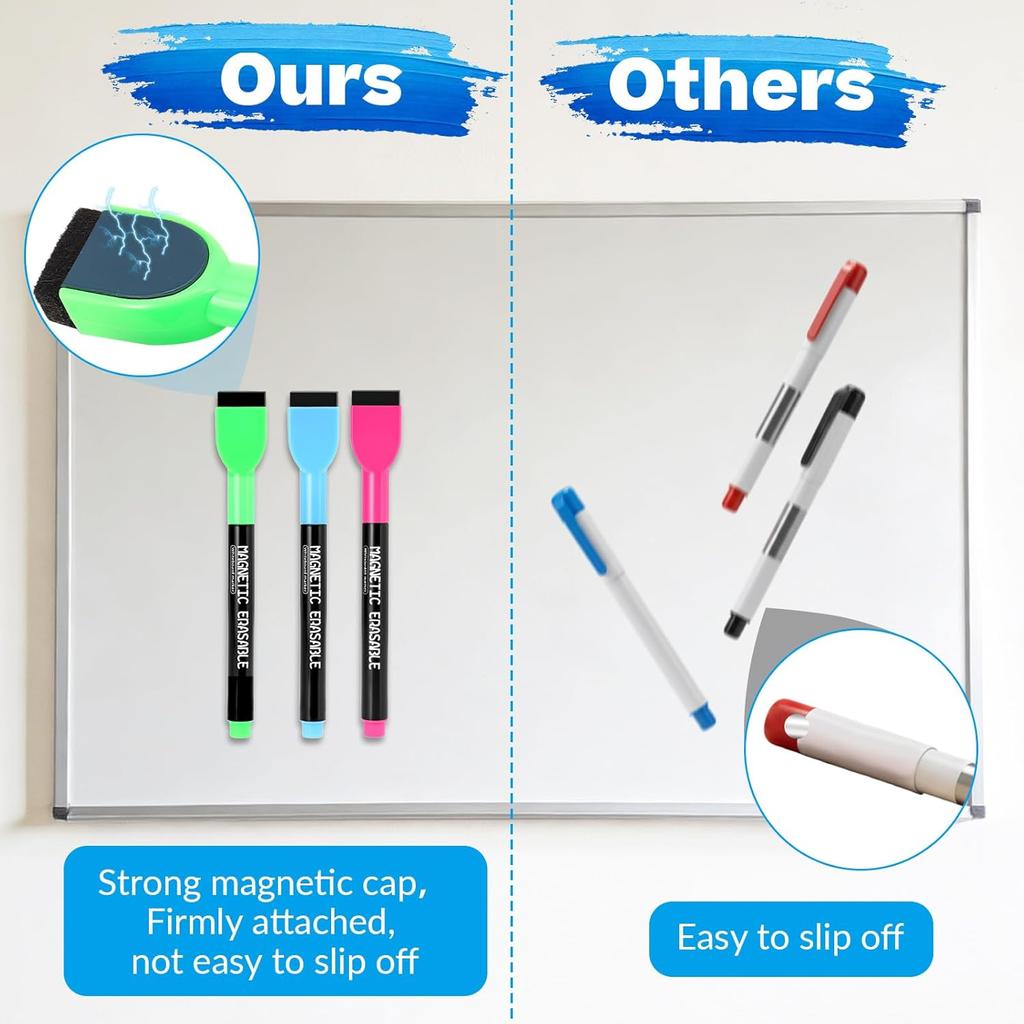 Dry Erase Markers, 12Pcs Colorful Magnetic Whiteboard Markers, 1mm Fine Tip Magnetic Dry Wipe Pens with Eraser Cap, Low Odor Thin Dry Erase Markers