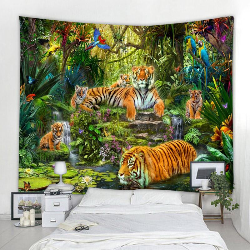 African Jungle Wild Animal Tapestry Rainforest Theme Wall Hanging Safari Animals Giraffe Elephant Tapestries For Boys Adults