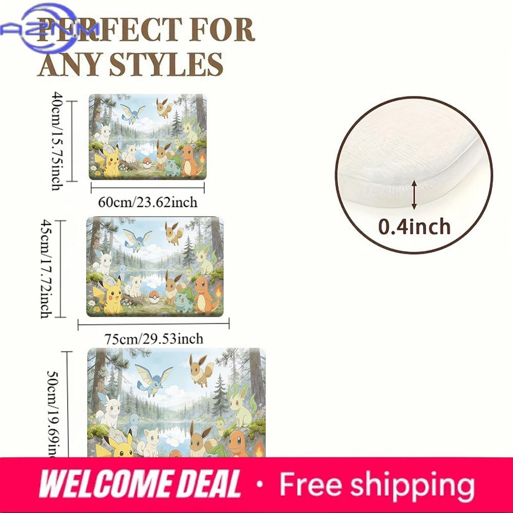 Pokemon Pikachu and Eevee Forest Lake Print Non-slip Doormat, Soft Absorbent Floor Rug for Home Decor