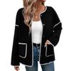 Women Premium Cardigan Coat Fleece Long Sleeve Casual O Neck Matching Color Autumn Winter